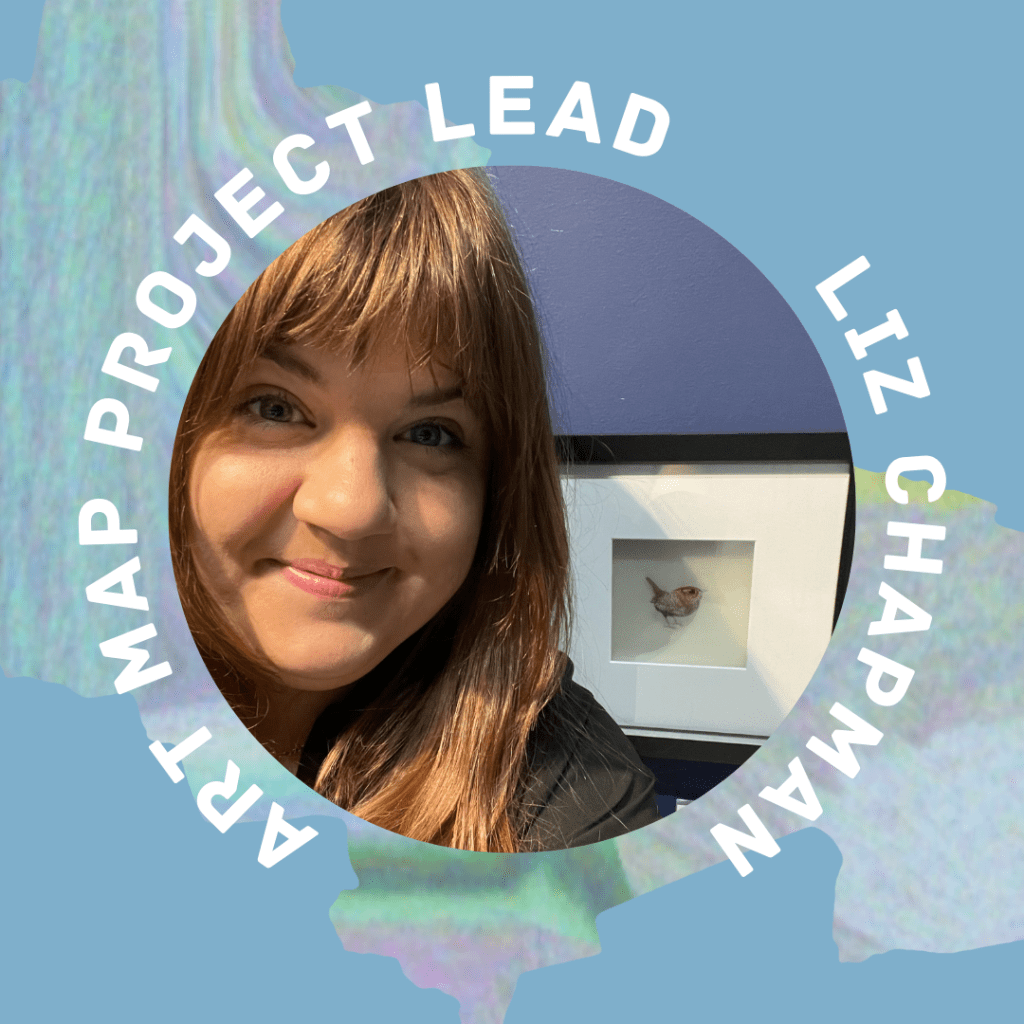 The text 'Art Project Lead, Liz Chapman', around a picture of a women with long hair next to a piece of art work